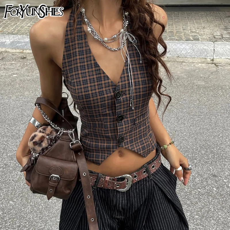 

Women Plaid Parint Single Breasted Cropped Coats Vintage Sleeveless Slim Fit Tank Top 2025 Summer Harajuku Y2K Clothes