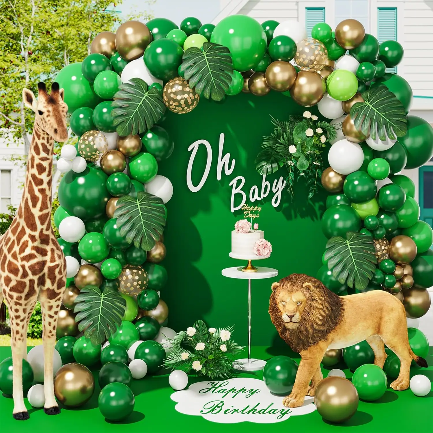 140Pcs Green Tropical Jungle Safari Balloons Garland Arch Kit with Palm Leaves for Boys Baby Shower Decorations