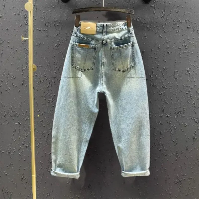 Women's High-Waisted Boyfriend Jeans Washed Denim Trousers with Rolled Cuffs