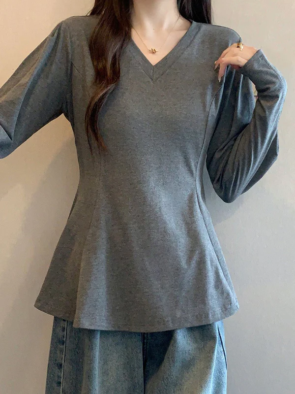 Gray V-Neck Long Sleeve T-Shirt Women's plus Size Base Shirt High Waist Conceals Belly Spring 2026 New Style Commute Style