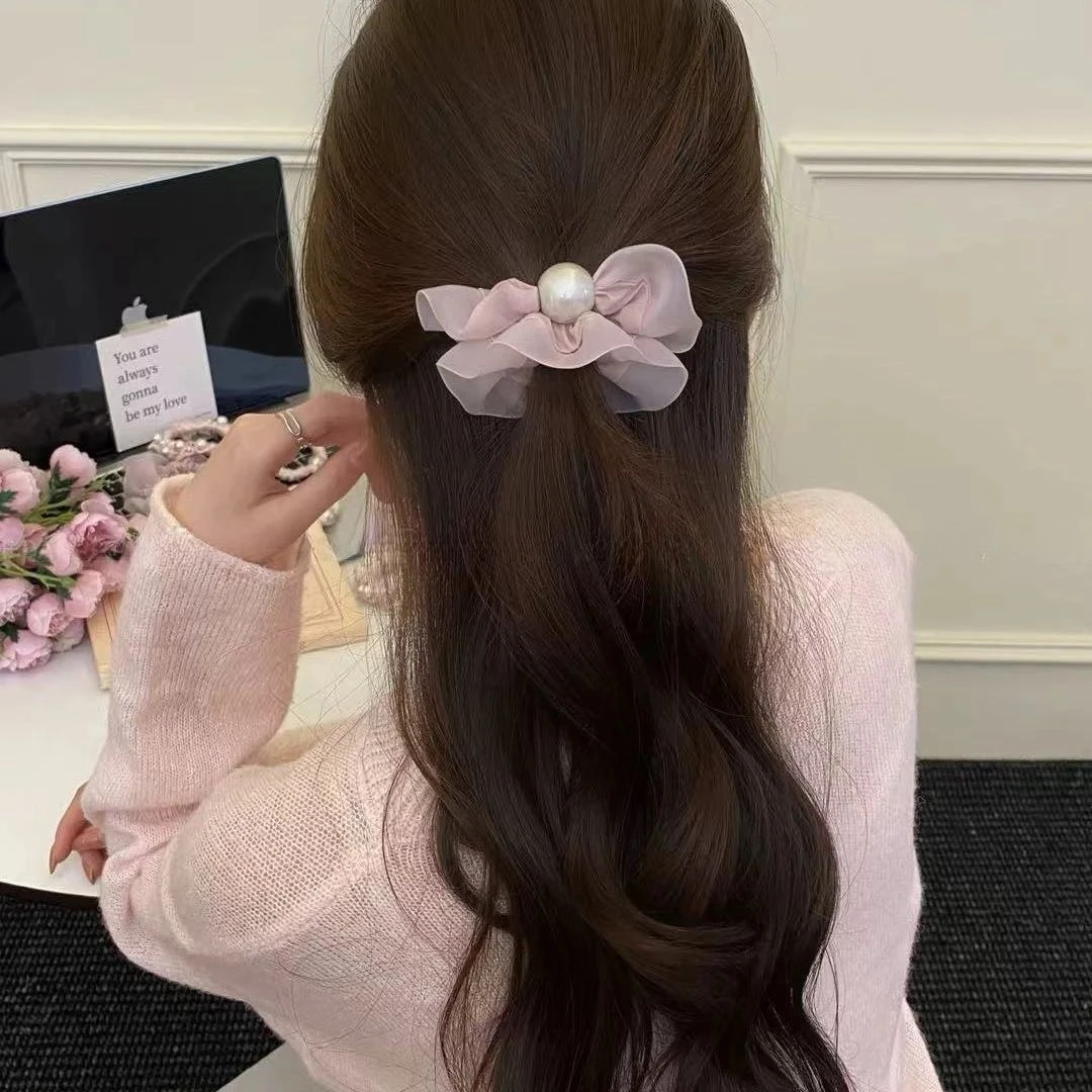 3 Stück Scrunchies Rosa Süße Perlen-Haargummis Hochelastische Haarbänder Spitzenbesetzte Haarseile Patchwork-Haargummis – Detail 3