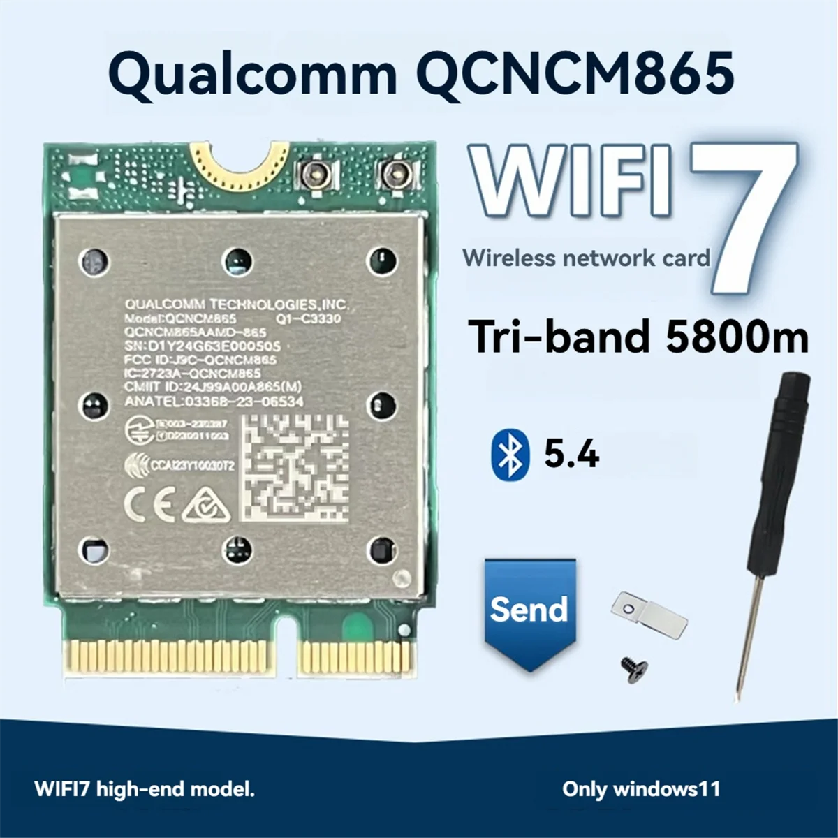 IYBBW-Tri Band WiFi7 QCNCM865 Bluetooth 5.4 Wireless WiFi Card Tri Band 2.4G/5G/6Ghz Network Wireless Adapter for Win11