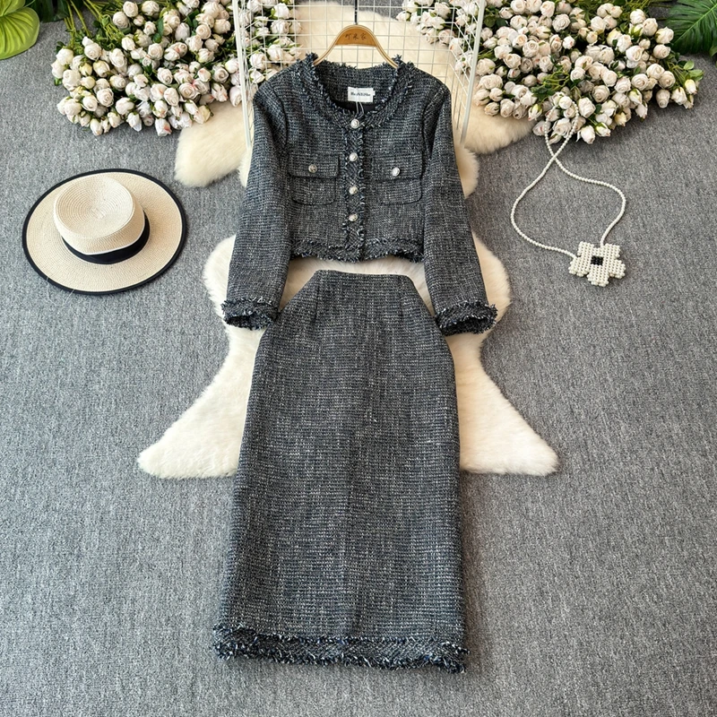 Autumn And Winter Small Fragrance Two Piece Skirt Set Socialite Elegant Coarse Woolen Coat+ High Waist Hip Hugging Skirt