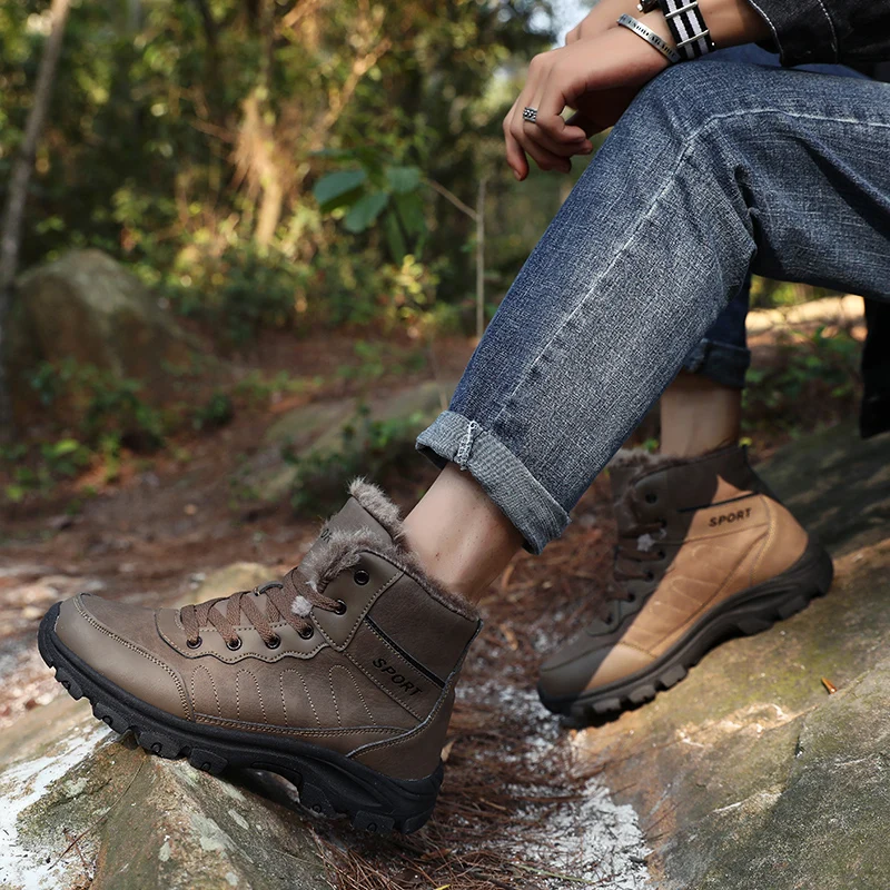 أحذية الثلوج للرجال أحذية الشتاء غير رسمية منصة عدم الانزلاق الدافئة الفراء حذاء من الجلد أفخم القتالية في الهواء الطلق المشي لمسافات طويلة دراجة نارية الأحذية #3