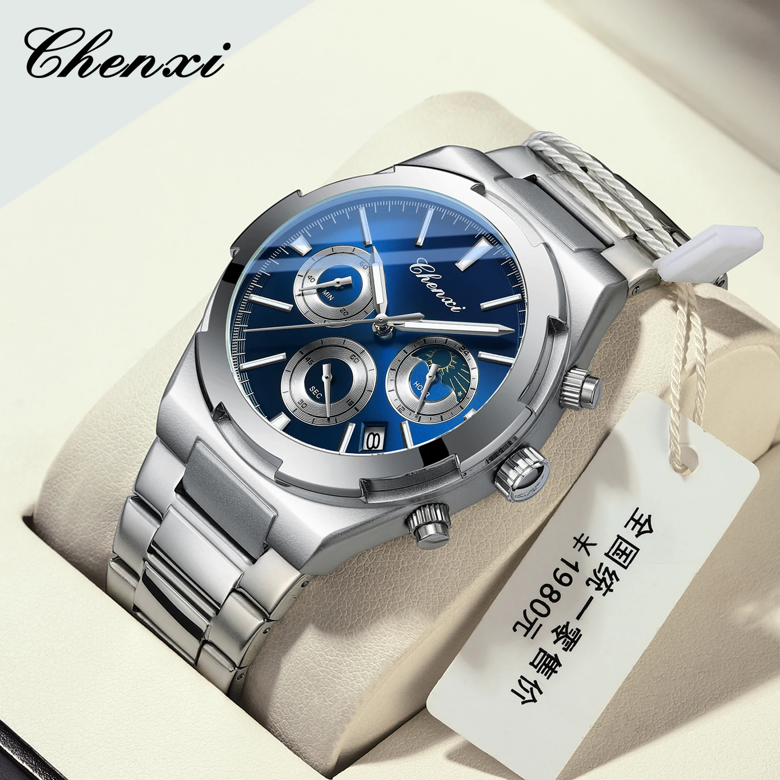 Chenxi 956 Luxury Watch For Man Elegant Date Week Moon Waterproof Luminous Men Stainless Steel Sports Men\'s Quartz Watches Reloj