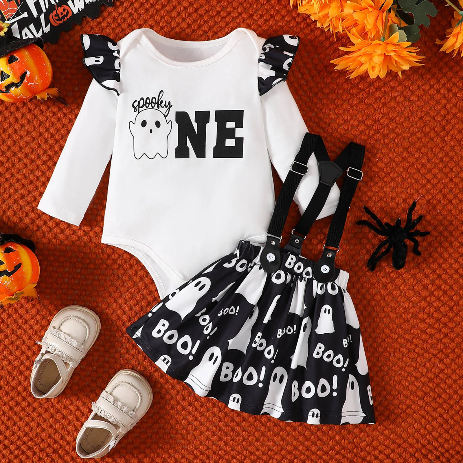 

Halloween Girls Long Sleeve Romper Bodysuits Cartoon Cute Ghost Prints Suspenders Skirts Newborn Outfits Kids Outfits 1-3years