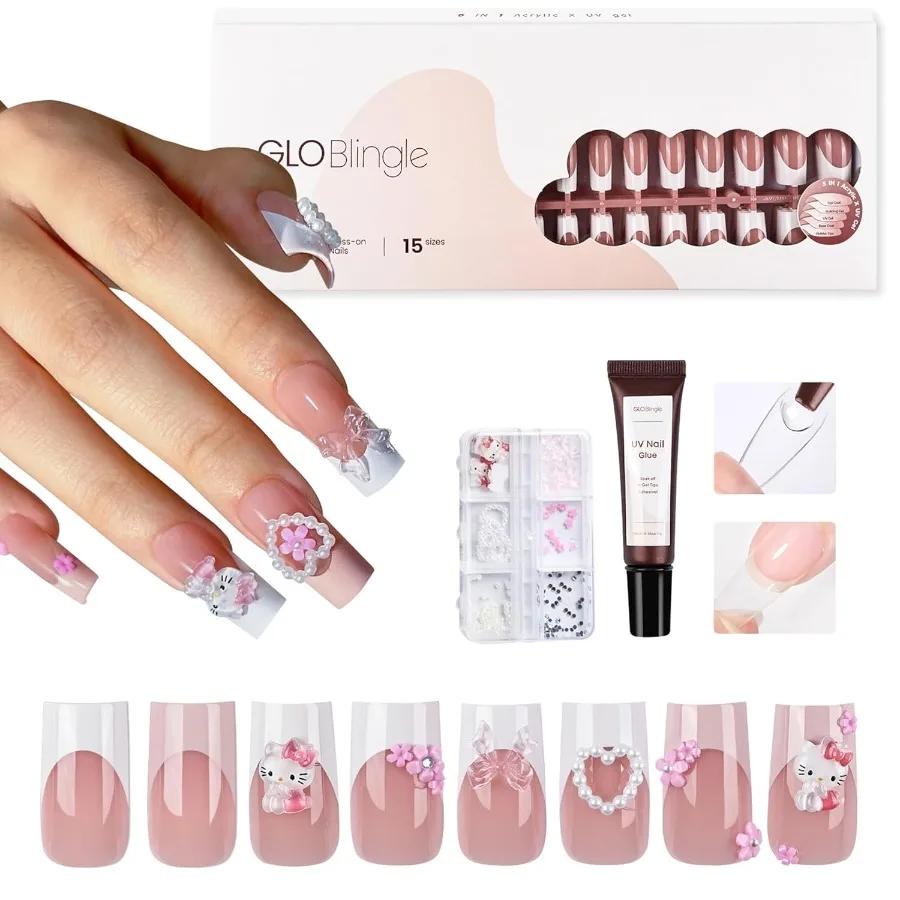 

French Tip Press on Nails Long Square Nail Tips 150Pcs Pretty Pink False Nail Tips with Kitty Bow Design for Nail Art Decoratio