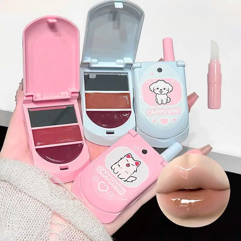 保湿デュアルカラーソリッドリップグロス 内蔵ミラー付きリップブラシ付き フリップフォンデザイン 長持ちするメイクアップリップスティック