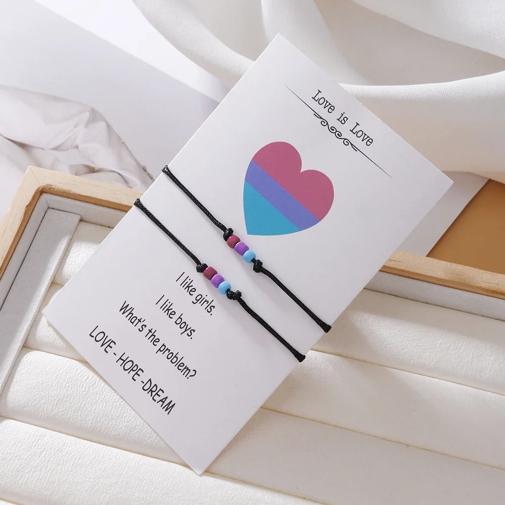 البوهيمي العصرية مطرز أساور ، قوس قزح الملونة الأرز الخرز ، مضفر ، قابل للتعديل ، زوجين ورقة بطاقة ، القلب المجوهرات ، 2 قطعة لكل مجموعة