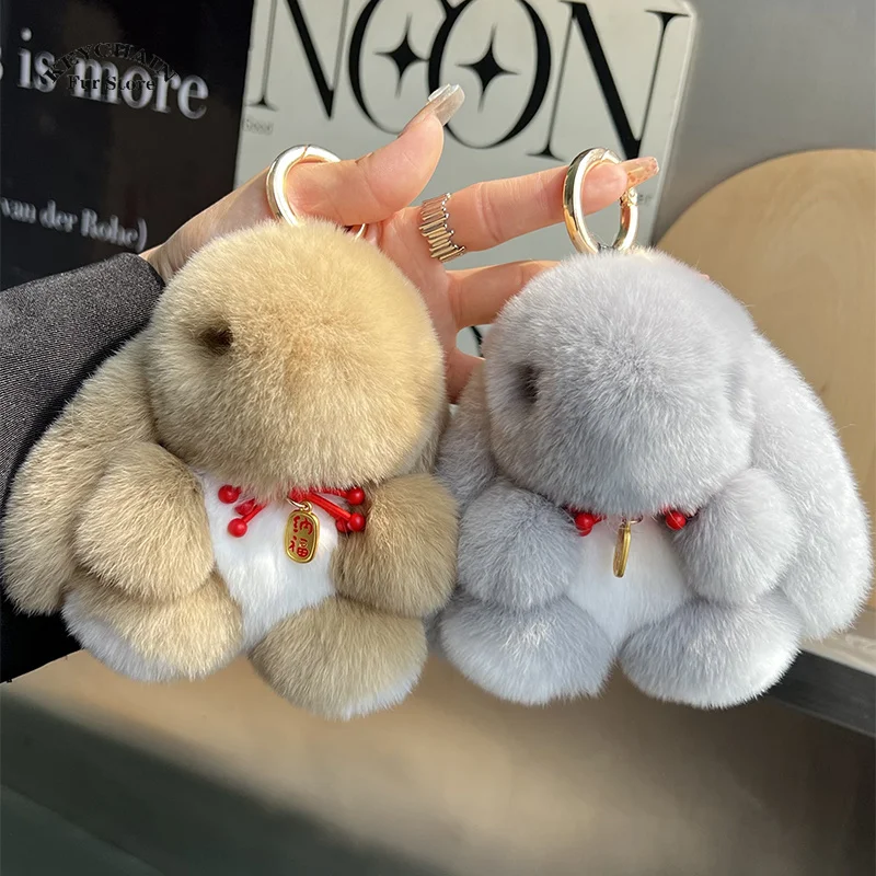 

100% Natural Rex Rabbit Fur Cute Fluffy Bunny Keychain Real Fur Key Chains Bag Charms Toys Doll Lovely Keyring Pendant Keychains