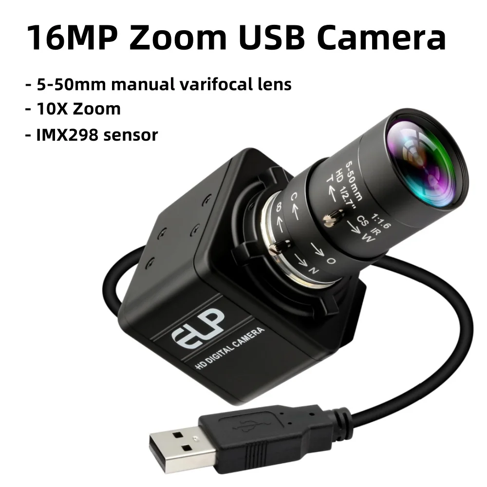 16MP USB Camera IMX298 Industrial Ultra HD Mini Webcam with CS Mount 5-50mm Manual Varifocal Lens Free Driver Plug&Play for PC