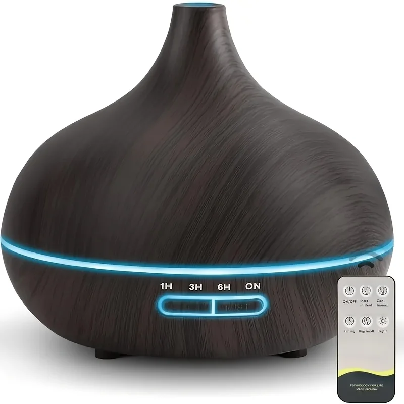 Wood Grain Aroma Diffuser + Remote Control, Timer & 6 Oil Set - 550ml Cool Mist Humidifier