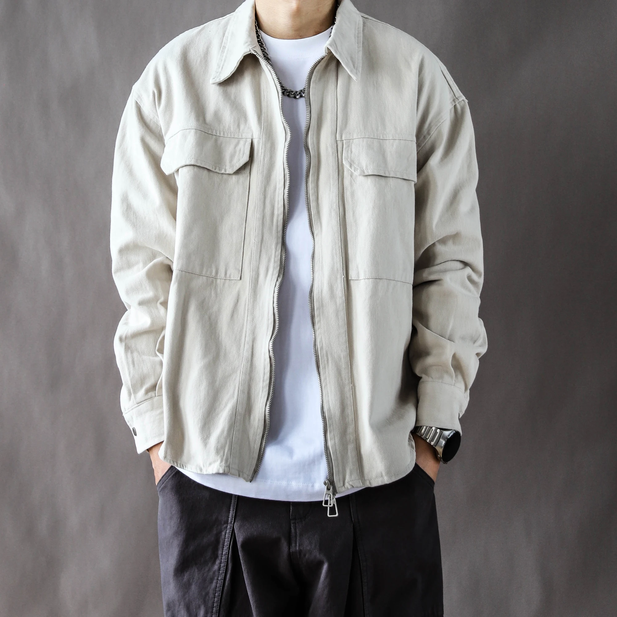 Męska kurtka w stylu retro japońskim, na wiosnę i jesień, casualowa odzież robocza, luźny krój, styl high street, biała bawełniana kurtka na zamek błyskawiczny.