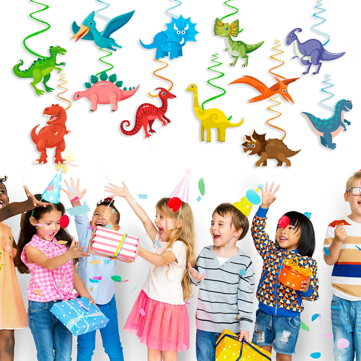 

12pcs Cartoon Dinosaur Swirls Jungle Safari Dino Roar Spiral Pendants Boy One 1st Happy Wild Dinosaur Birthday Party Decor