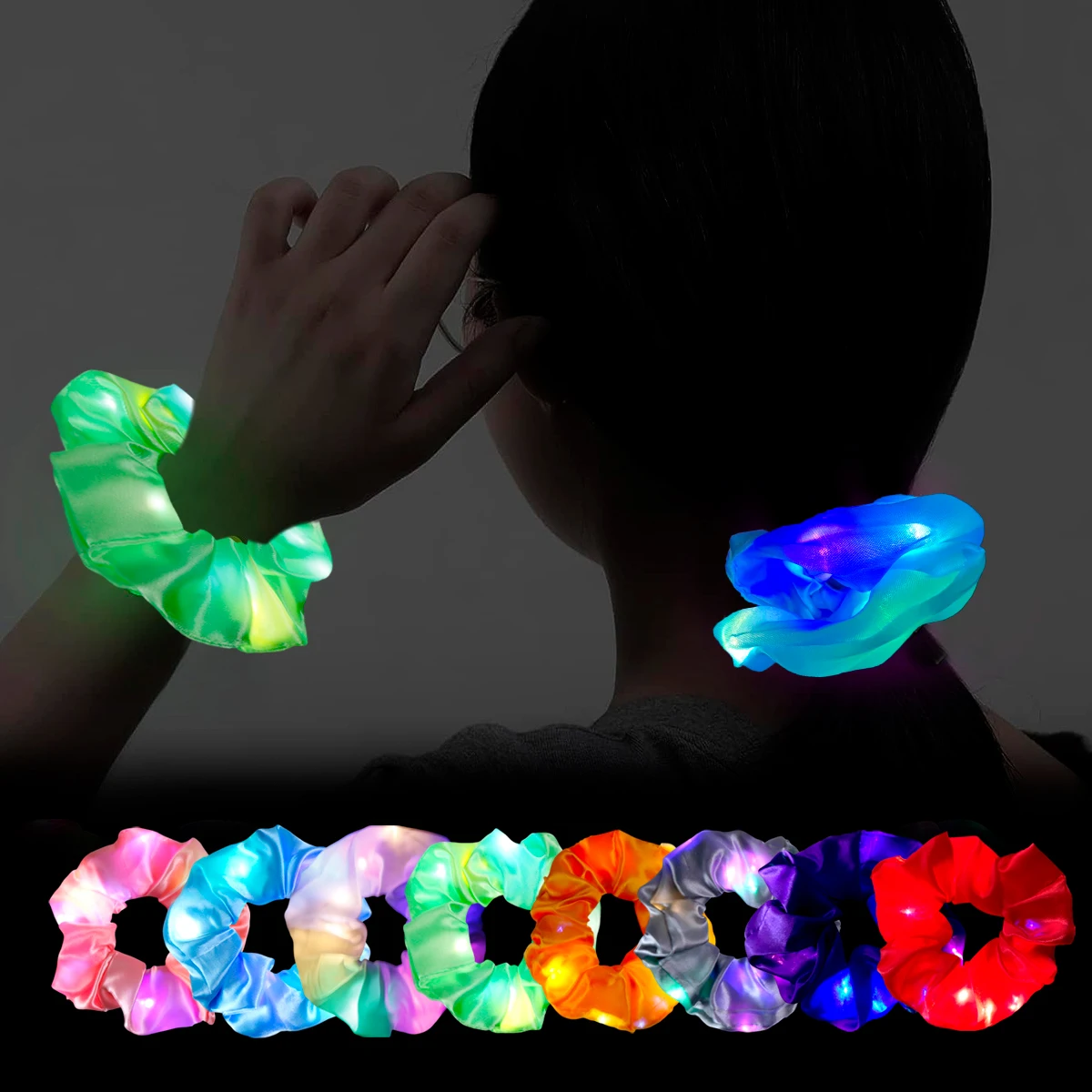 New Christmas Personality Satin LED Light-emitting Pudding Large Intestine Headdress European Women Tie Hair Accessories