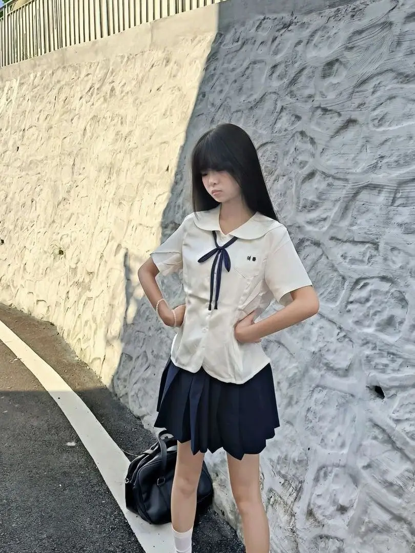 Cute School Uniform Style Short Sleeve round Neck Shirt Original Summer New Arrival Waist Cinched Doll Collar Japanese Style