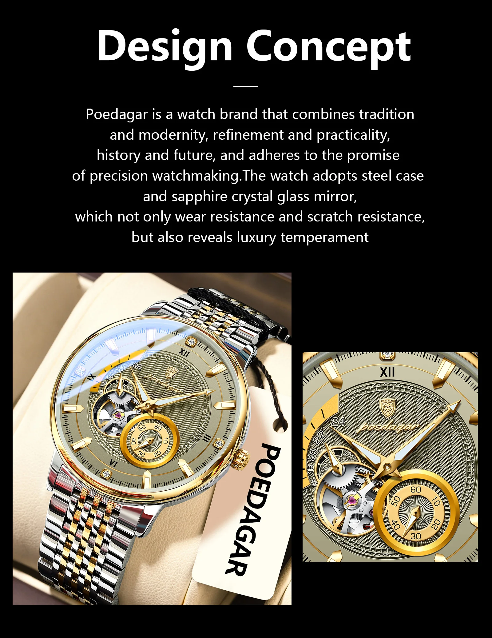 POEDAGAR Top Luxus Mann Armbanduhr Leucht Hohl Tourbillon Edelstahl Männer Uhr Mechanische Automatische herren Uhren Reloj – Detail 3