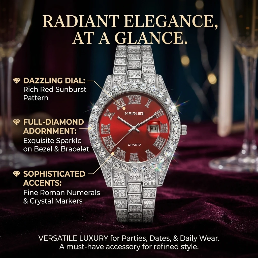 1pc Red Dial Roman Numeral Watch with Shiny Strap, Fashionable and Trendy for Daily Matching, Unisex Style