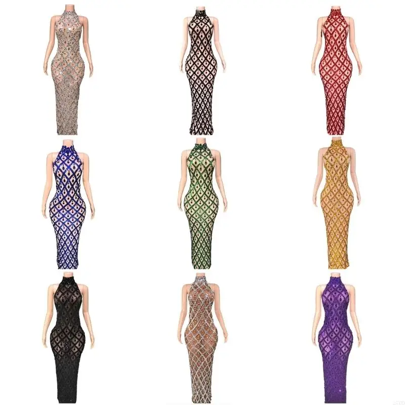 Rhinestones Embellished A Line Evening Gown Mesh Skirt Sleeveless Dress Perfect For Banquets Special Occasion