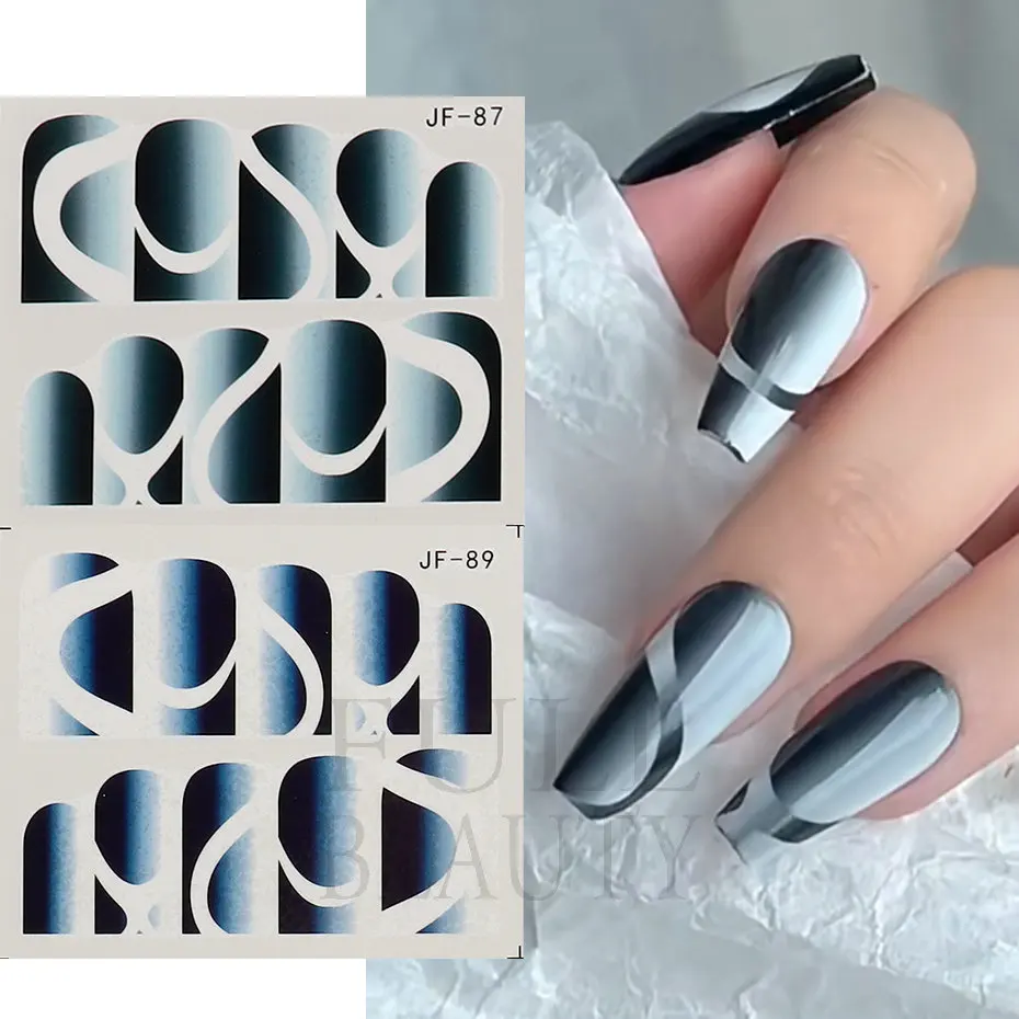 Vertical Ombre French Tip Nails Stickers Gradient Sliver Black Water Wrap Sliders Full Cover Manicure Decals Accessories JF73-84