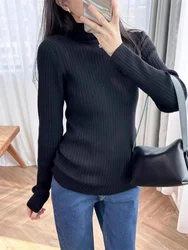 Autumn Turtleneck Sweater Pullover Women Fashion Metal Logo Long Sleeved Slim Rib Knit Top Female Comfortable Elegant Jumper