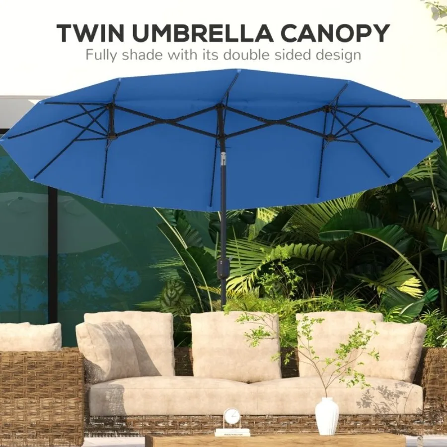Doublesided Patio Umbrella 9.5' Outdoor Umbrella with Push Button Tilt and Crank 3 Air Vents and 12 Ribs Navy Blue