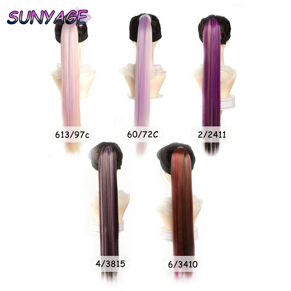 Sunyage คลิปผมหางม้ายาวตรงสำหรับผู้หญิงสีดำ, กิ๊บผมปลอมพันรอบคลิปในที่ยืดผมทนความร้อน