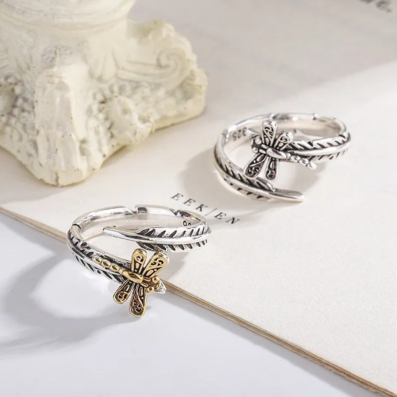 Sole Memory Retro Mini Dragonfly Leaves 925 Sterling Silver Fine Jewelry Luxury Resizable Opening Female Ring RI987