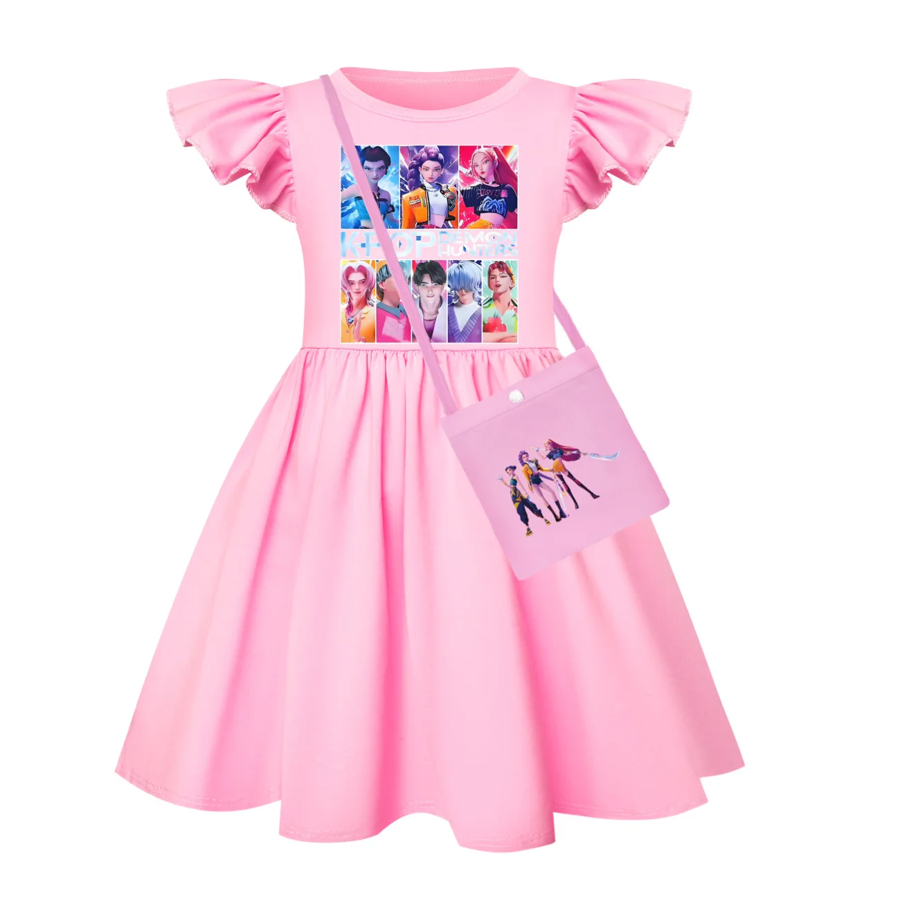 فستان صيفي قصير الأكمام للفتيات الصغيرات من KPop Demon Hunters، مجموعة ملابس أطفال كاجوال مع حقيبة #3