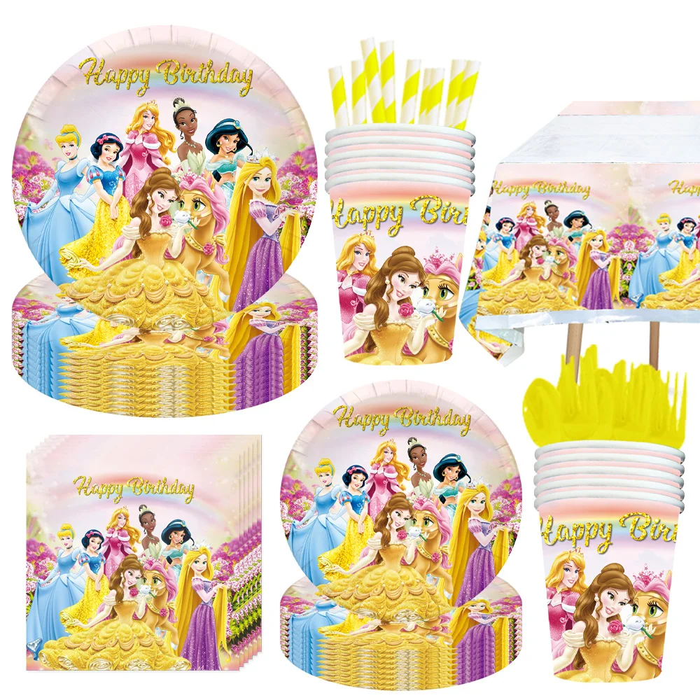 Disney Six Princess Girl Birthday Party Decoration Supplies Wedding Kids Baby Shower Snow White Paper Cup Plate Backdrop Decor