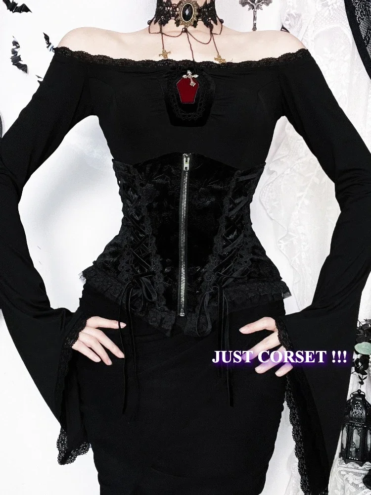 คอร์เซ็ตกำมะหยี่สไตล์อเมริกันดาร์กโกธิค วินเทจ แนวพาเลซ สไตล์เฟียร์คอร์ แต่งลูกไม้ ปะติด ผ้าพันแผล ซิป คัมเมอร์บันด์