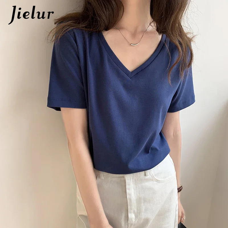 V-neck T-shirt Women Summer Loose Gray Blue White Black Women's Top Short-sleeved Thin New Bottoming T-shirts S-XL
