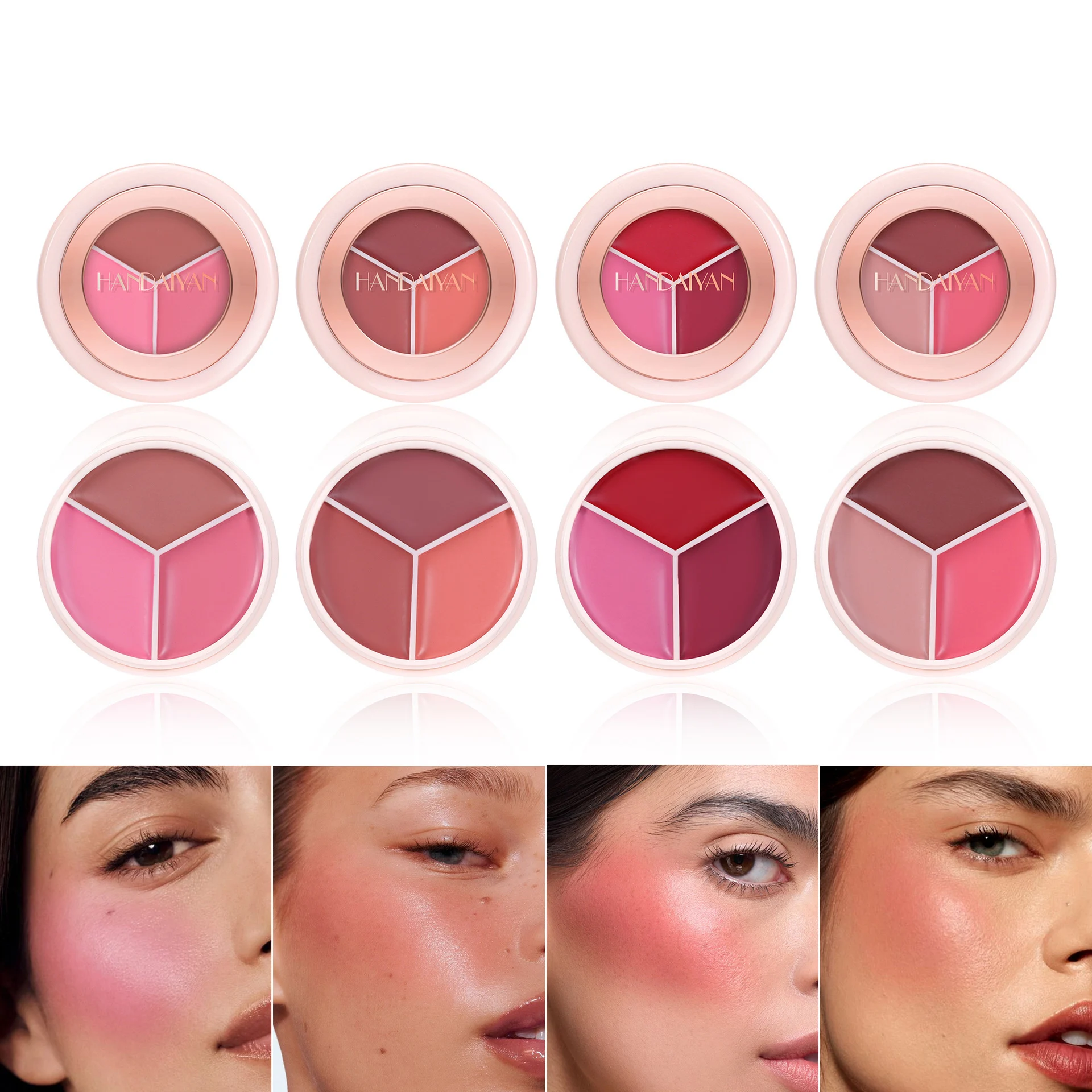 Flüssiges Gesichtsrouge, 3-farbig, vielseitig einsetzbar, mattes Rouge, Creme, Highlight-Lippenrouge, 3-in-1, wasserfest, natürlich, seidig, hochpigmentiertes Make-up