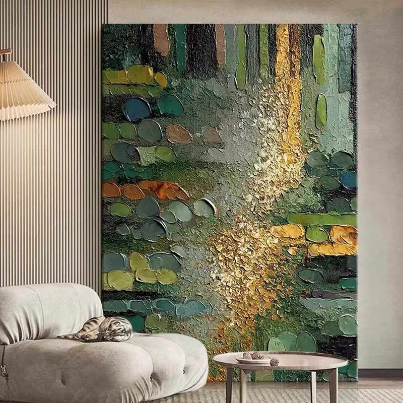 Green Field Gold Light Abstract Texture Pure Hand Drawn Oil Painting Canvas For Living Room Decoration Artistic Sense Entrance