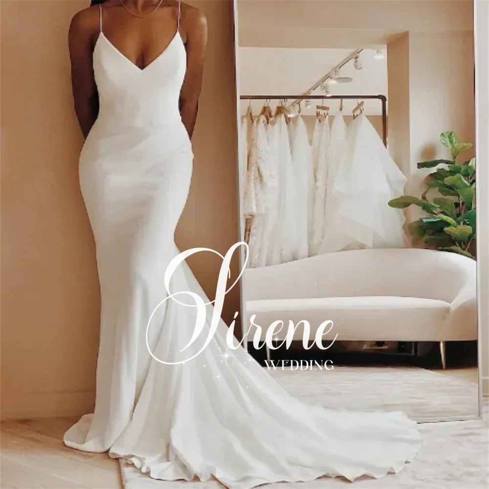 Sirena-vestido De Novia con tirantes finos para mujer, traje De encaje con cuello desbocado, espalda abierta, cola De corte, 2024