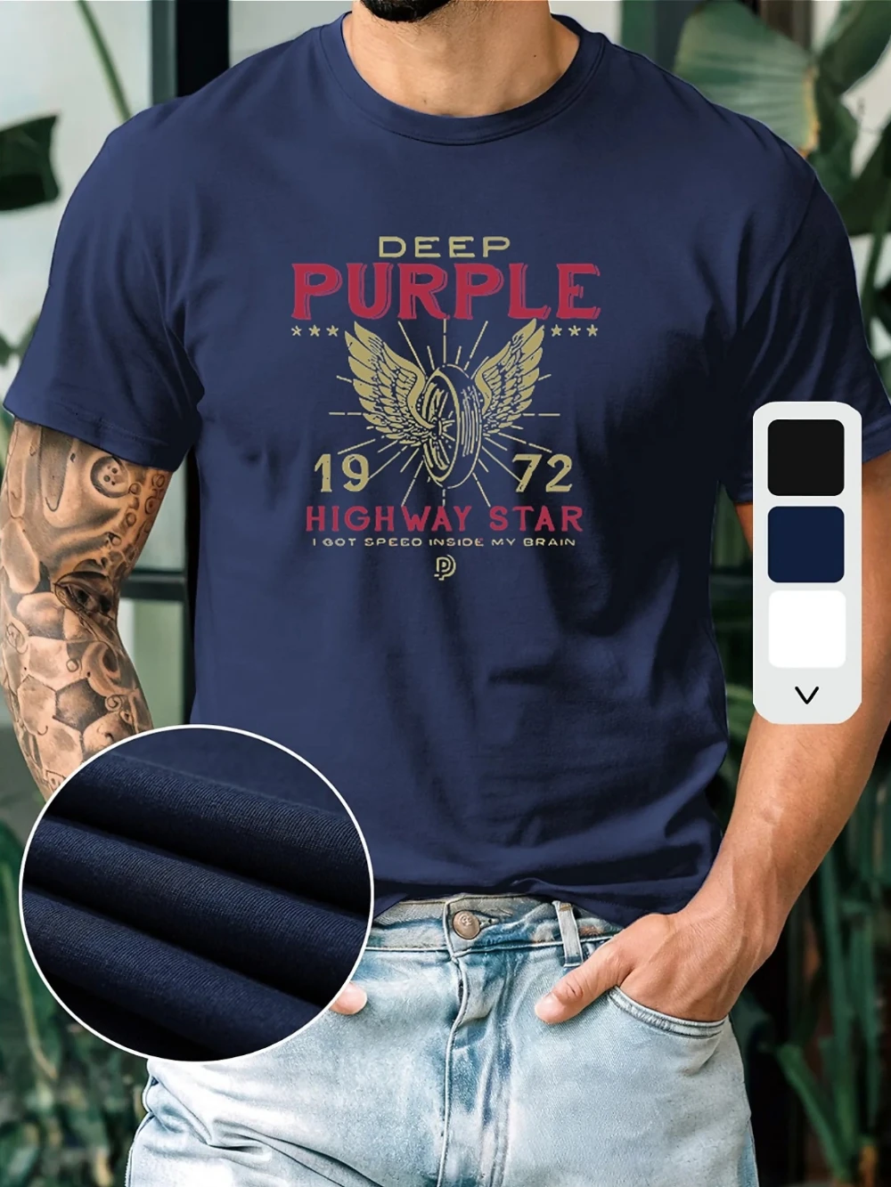 Men's Vintage 70s Retro T-Shirt Deep Purple Logo Print Micro-Stretch Knit Fabric Breathable Round Neck Casual Tee