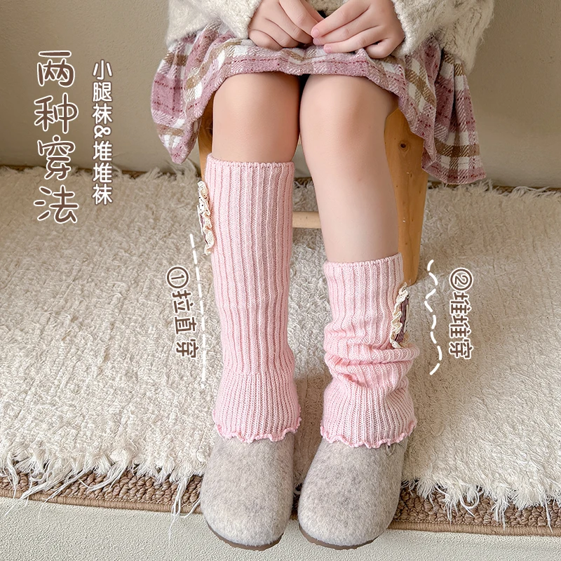 Lovely Girls Slouch Leg Warmers Autumn Winter Thermal Cartoon Rabbit Cloth Badge Decoration Soft Elastic Daily Wear Leg Sleeves