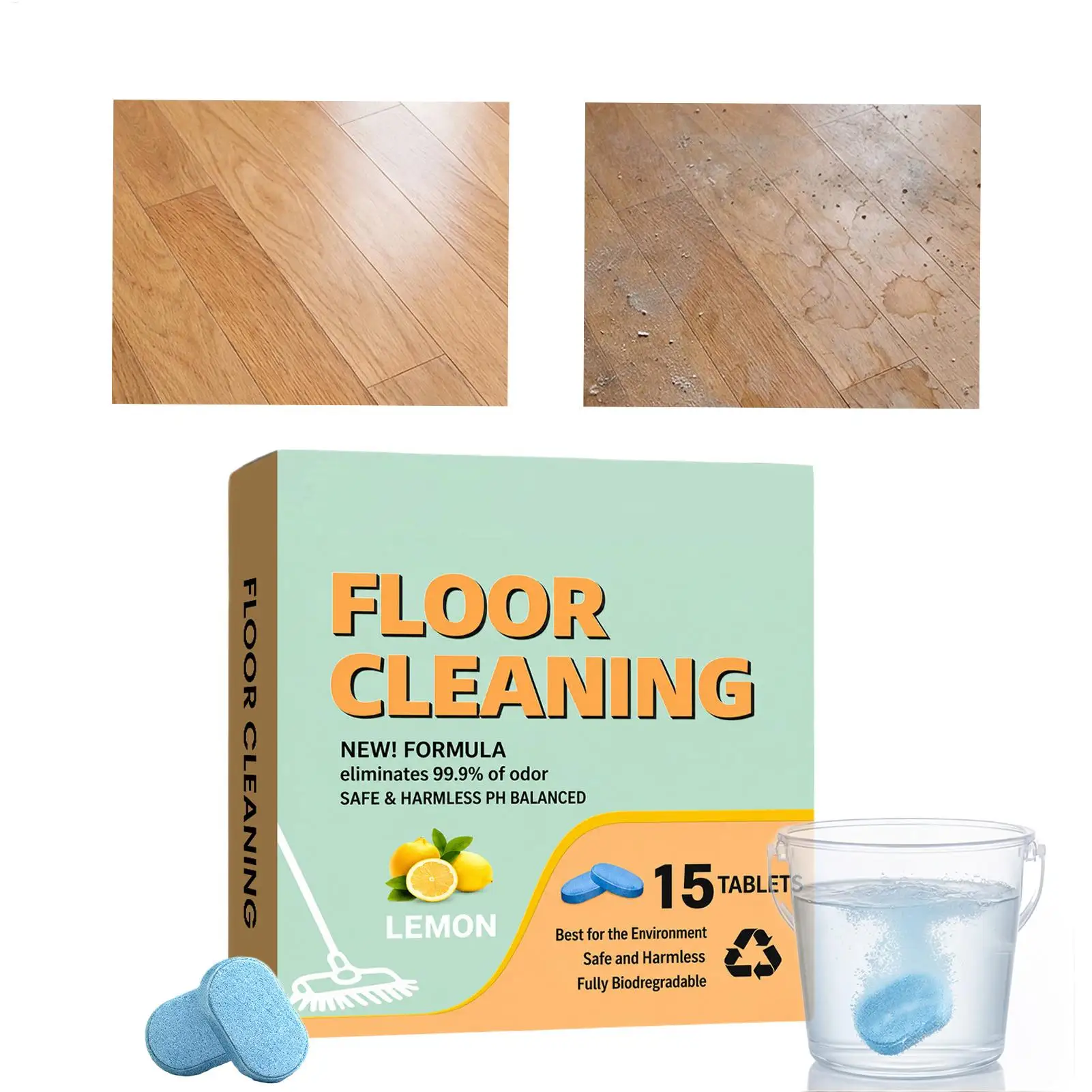 Lemon Floor Cleaning Tablets 15 Count Fast Dissolving Mop Cleaner Pet Safe Non Sticky for Tile Wood Laminate Marble Home Kitchen