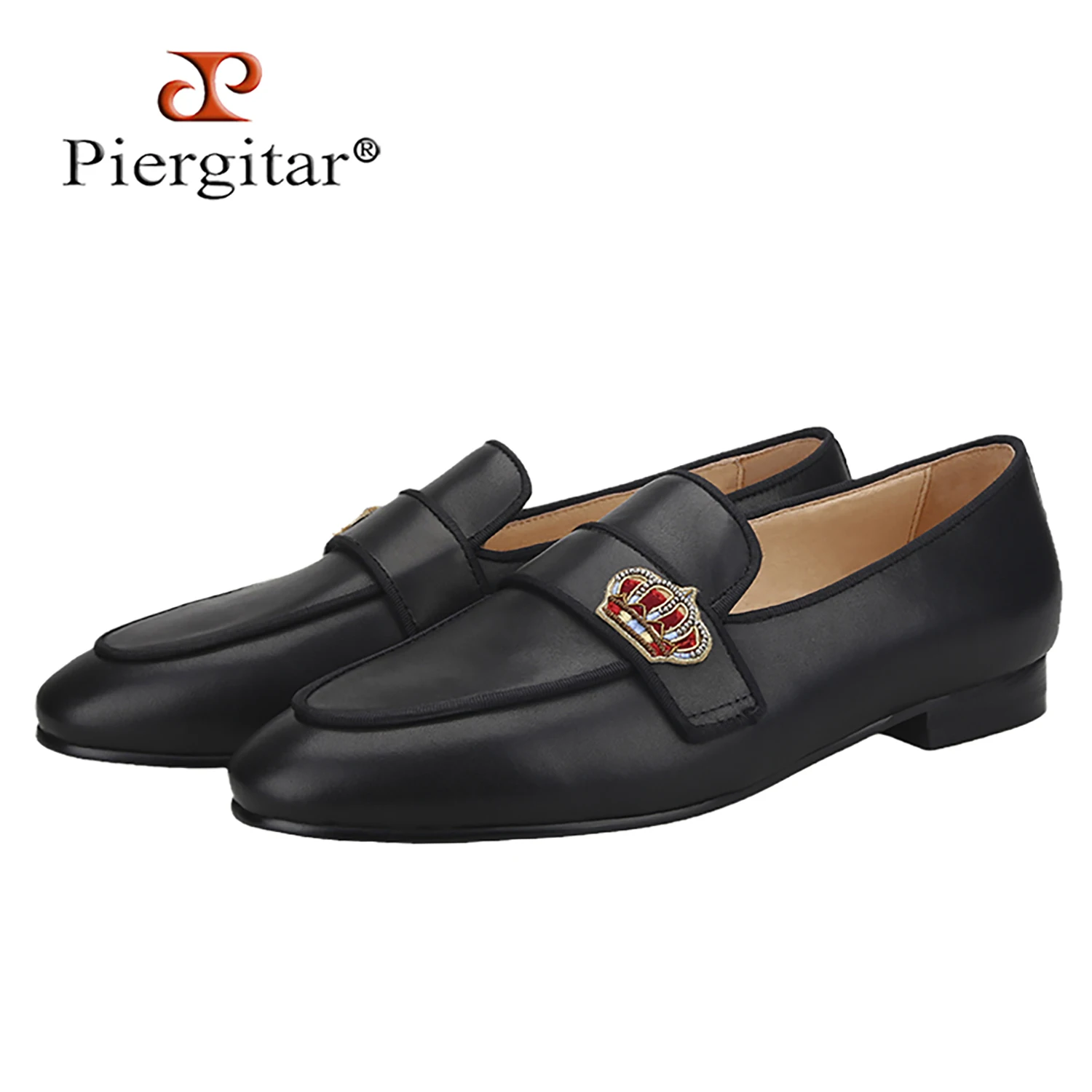Piergitar Black Calfskin Men Loafers With Handmade Royal Crown Patches Genuine Leather Classic Style Smoking Slippers For Party