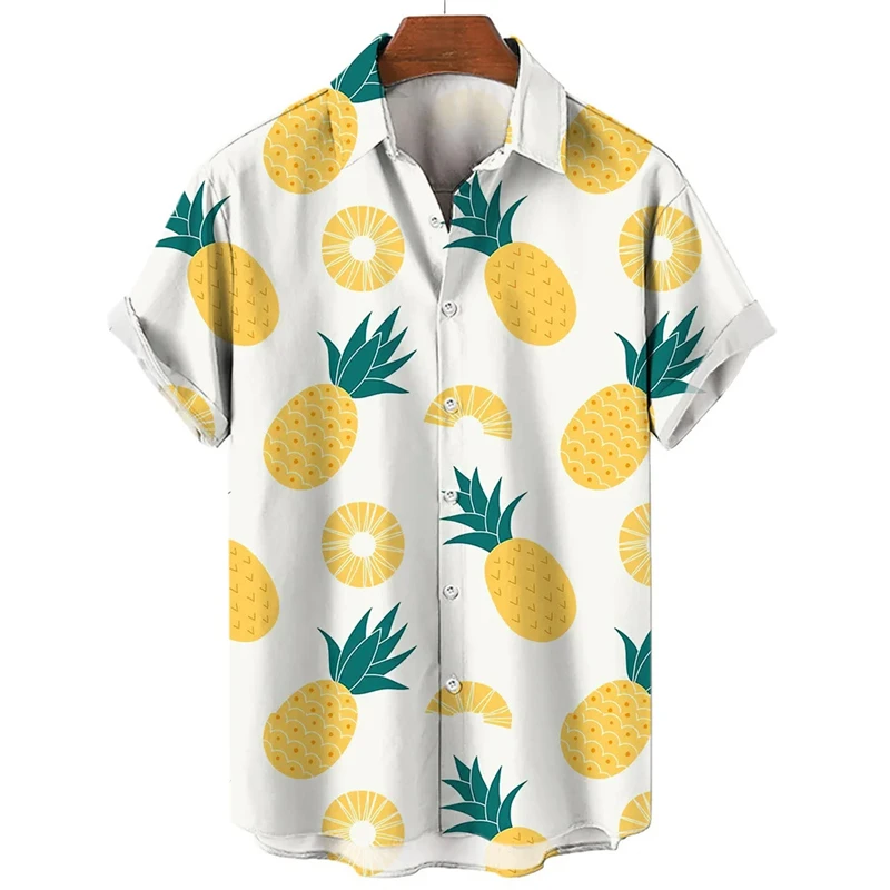 Camisa con estampado 3D de fruta de piña para hombre y mujer, camisas hawaianas de coco a la moda para playa, fiesta de vacaciones, camisetas informales con solapa con botones