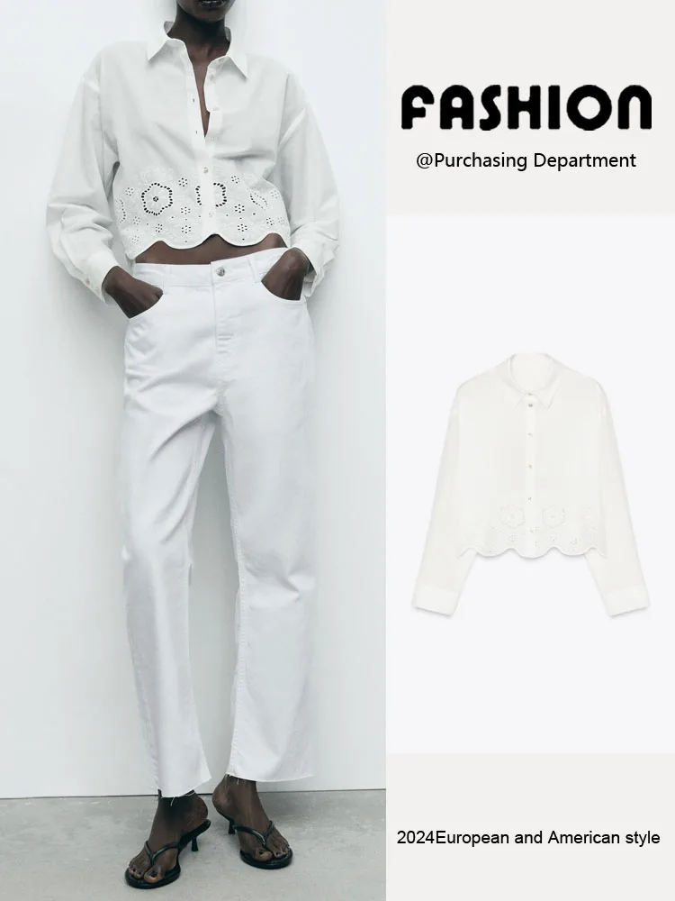 

Spring New Arrival Women's Faionable Long Sve Embroidered Hollow out Collared ort irt Versatile Commute Sle Pure C...