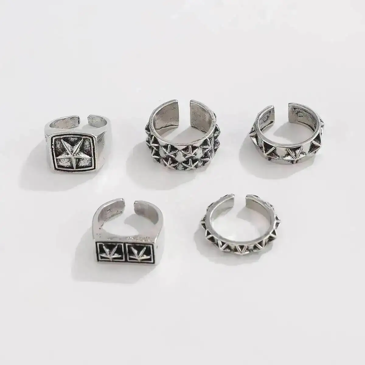 Salircon 5 Pcs Hip Hop Punk Style Star Adjustable Opening Ring Set for Men Unique Silver Color Metal Chunky Ring Jewelry New