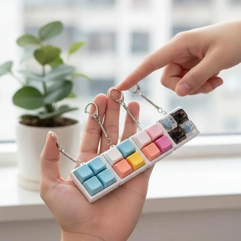 Mini 4 Keys Mechanical Keyboard Fidget Keychain Sturdy Construction Satisfying Click Sound for All Ages Stress Relief