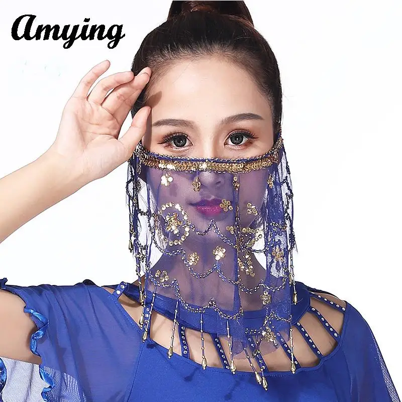 Belly Dance Veil Dance Adult Lady Face Wrap Scarf Women Stage Performance Tassel Veil India Dance Face Accessories Mesh Sequin