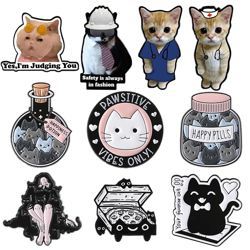 Pawsitive Vibes Only Enamel Pins Cat Lady Happiness Potion Badges Funny Animal Memes Lapel Brooches Jewelry For Friends