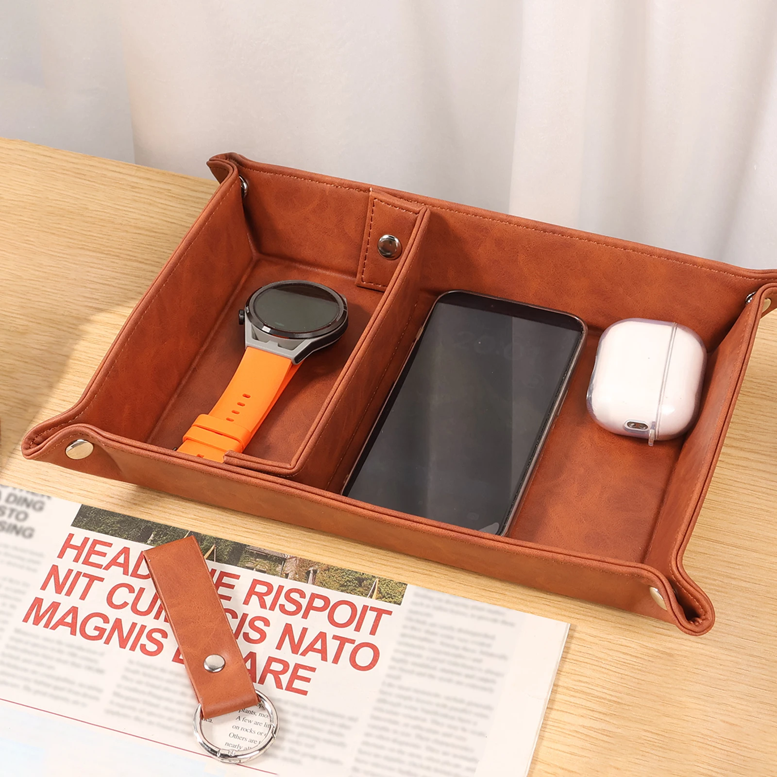 PU-Leder-Ablagefach, zusammenklappbares Valet-Tablett für Brillen, Handy-Kopfhörer, Schlüsselmappe, Kleinigkeiten, Desktop-Nachttisch-Organizer