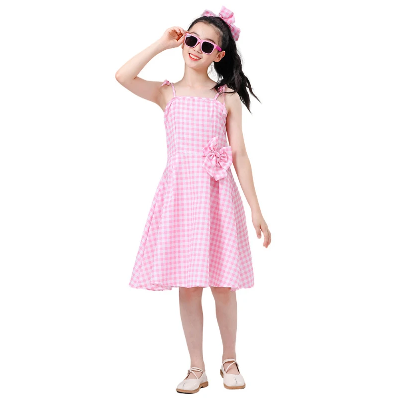 

3pcs Barbie Costumes Set Bow Tie Accessories Glasses Girls Cosplay Pink Plaid Summer Sleeveless Dress Kids Party Wear 3-10 Years