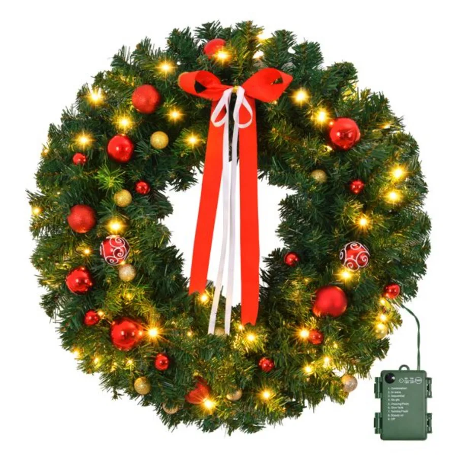 

36in Prelit Battery Powered Christmas Wreath Lighted Artificial Xmas Wreath with 80 Warm Lights and 270 PVC Tips and 18 DIY Orn