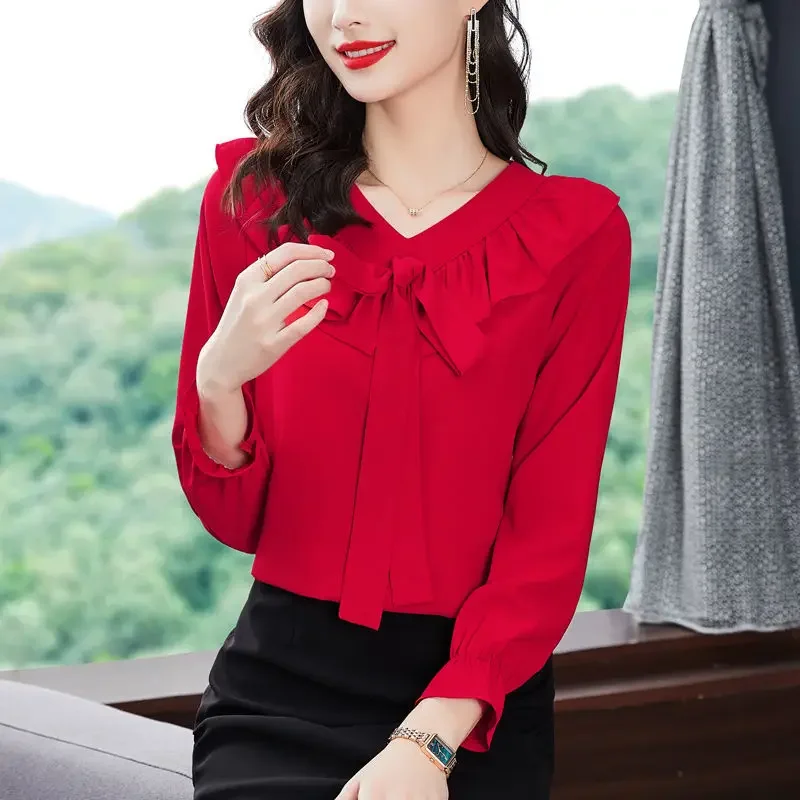 

2025 Elegant Bow Long Sleeve V Neck Shirt Women's Spring New Ruffled Blouses Tops E7543