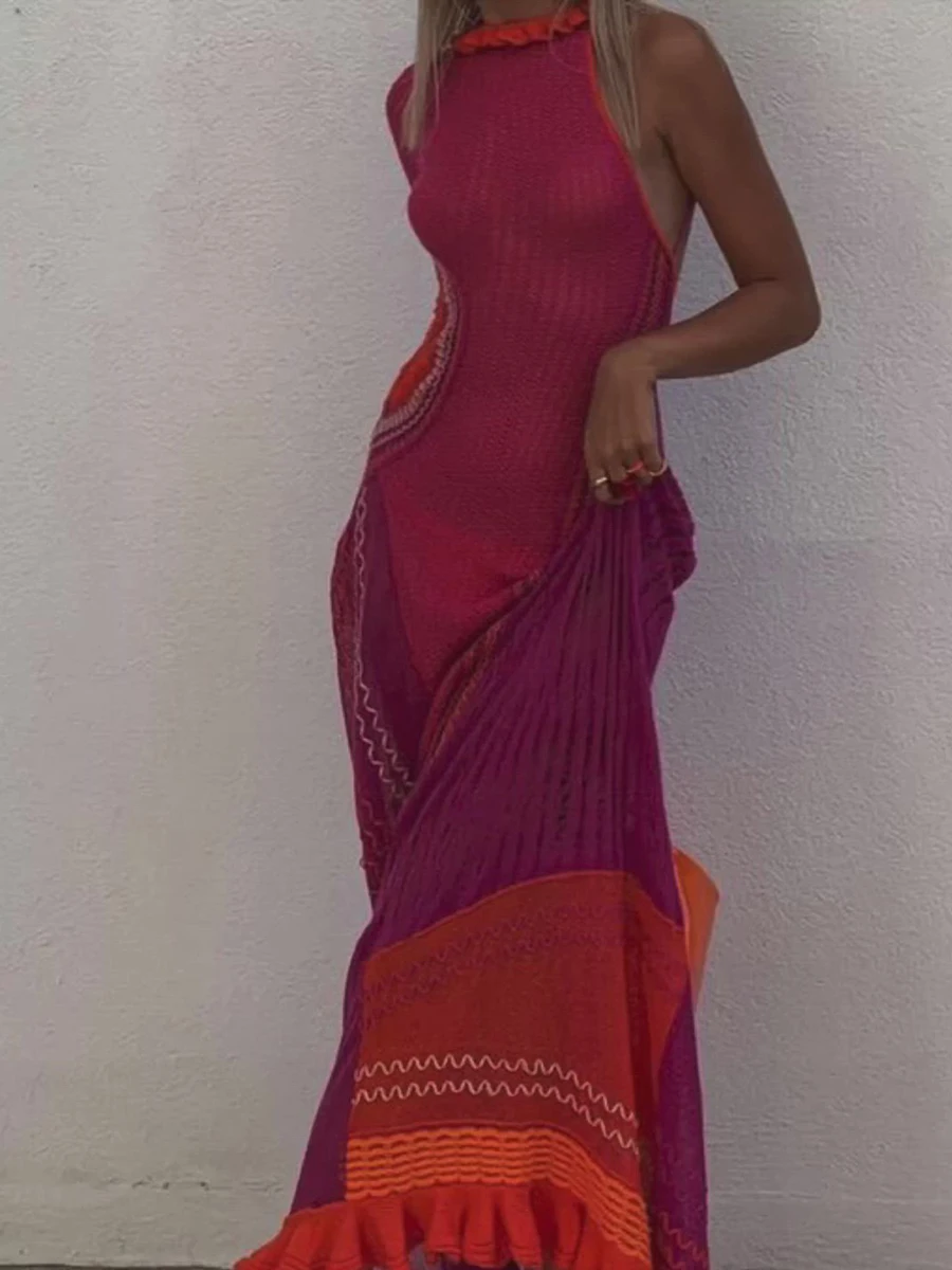 فستان طويل للشاطئ منسوج بفتحات متباينة ملونة 2023 صيفي شفاف بكتف واحد وأكمام طويلة وربطة عنق فستان